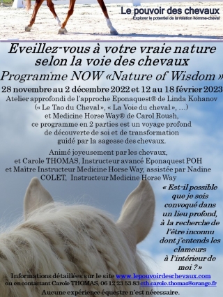 programme NOW, eponaquest, linda kohanov, carol roush, carole thomas, le pouvoir des chevaux, medicine horse way, equicoaching, horsecoaching, developpement personnel, cheval